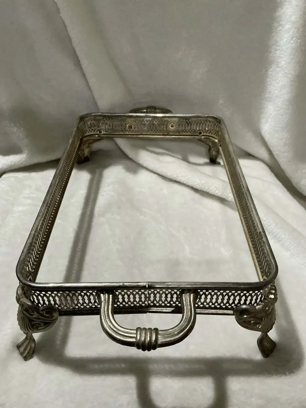 VTG Silverplate Gallery Casserole Dish Holder w/Pierced Design & Footed Base